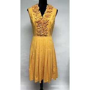 Cache Yellow Linen‎ Blend Ruffle Pleated Dress Sz 8 Sundress Fit & Flare Short
